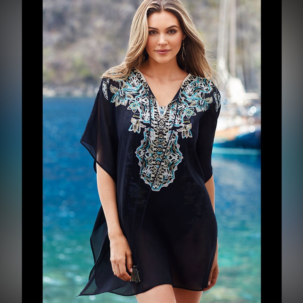 Gorgeous Miraclesuit Black Kaftan Beaded Floral Gray Teal Embroidery Cover Up M